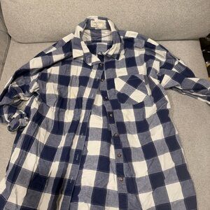 Navy and White Plaid Women's Button Down Shirt